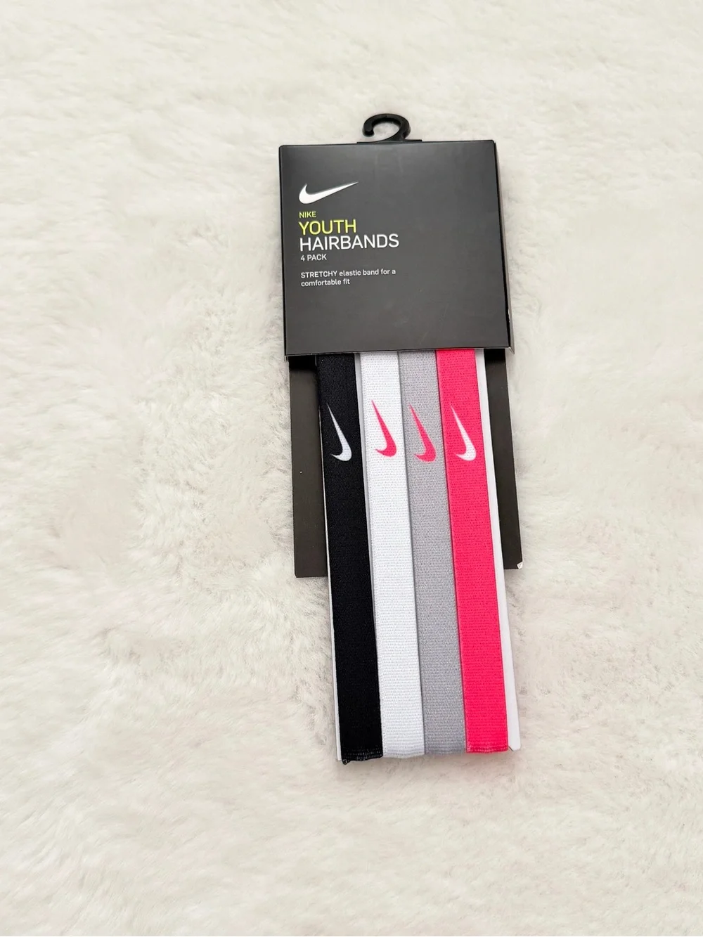 Nike Youth 4-Pack Elastic Hairbands — Black, White, Gray, Hot Pink